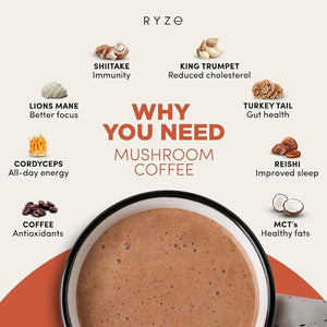 Ryze Mushroom Coffee | 6 Adaptogenic Mushrooms | Organic | Instant Coffee | MCT Oil | Better Energy, Focus, Digestion, Immunity | Cordyceps, Lion’s Mane, Shiitake, Reishi, Turkey Tail, King Trumpet