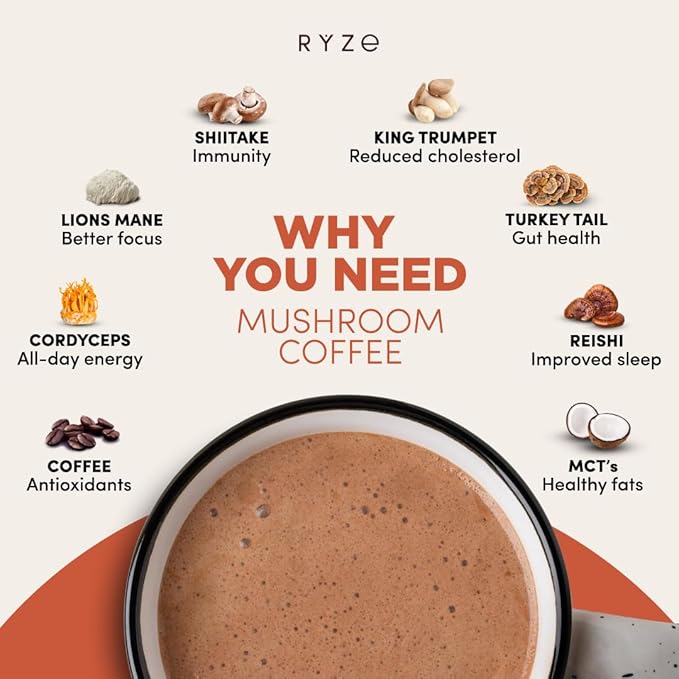 Ryze Mushroom Coffee | 6 Adaptogenic Mushrooms | Organic | Instant Coffee | MCT Oil | Better Energy, Focus, Digestion, Immunity | Cordyceps, Lion’s Mane, Shiitake, Reishi, Turkey Tail, King Trumpet