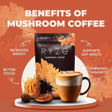 Ryze Mushroom Coffee | 6 Adaptogenic Mushrooms | Organic | Instant Coffee | MCT Oil | Better Energy, Focus, Digestion, Immunity | Cordyceps, Lion’s Mane, Shiitake, Reishi, Turkey Tail, King Trumpet