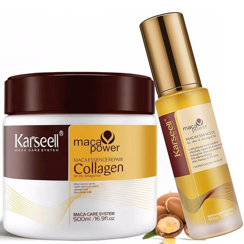 Karseell Collagen Hair Treatment Deep Repair Conditioning for All Hair Types, 16.9 oz/500ml + Argan Oil Hair Serum for Dry Damaged Hair, 1.7 oz/50ml