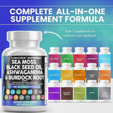 Sea Moss 3000mg Black Seed Oil 2000mg Ashwagandha 1000mg Turmeric 1000mg Bladderwrack 1000mg Burdock 1000mg & Vitamin C & D3 with Elderberry Manuka Dandelion Yellow Dock Iodine Chlorophyll ACV