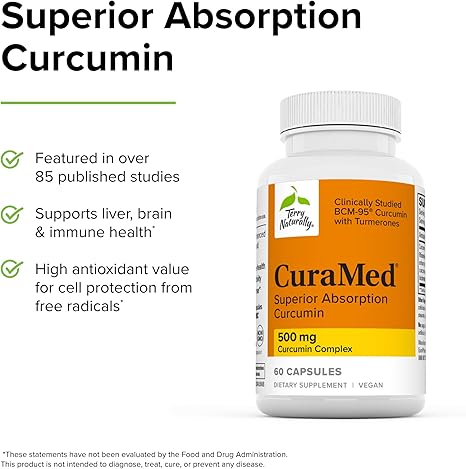 Terry Naturally CuraMed 500mg - Antioxidant Supplement for Brain & Immune Health Support - Supplement with Curcumin & Turmeric Essential Oil - Herbal Liver Support - 60 Softgels