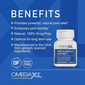 OmegaXL Joint Support Supplement, for Relief - Natural Muscle Support, Green Lipped Mussel Oil, Soft Gel Pills, Drug-Free, 60 Count