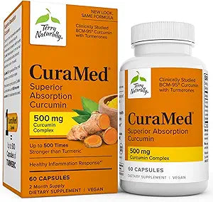 Terry Naturally CuraMed 500mg - Antioxidant Supplement for Brain & Immune Health Support - Supplement with Curcumin & Turmeric Essential Oil - Herbal Liver Support - 60 Softgels