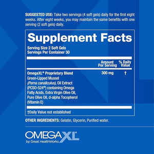 OmegaXL Joint Support Supplement, for Relief - Natural Muscle Support, Green Lipped Mussel Oil, Soft Gel Pills, Drug-Free, 60 Count