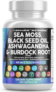 Sea Moss 3000mg Black Seed Oil 2000mg Ashwagandha 1000mg Turmeric 1000mg Bladderwrack 1000mg Burdock 1000mg & Vitamin C & D3 with Elderberry Manuka Dandelion Yellow Dock Iodine Chlorophyll ACV